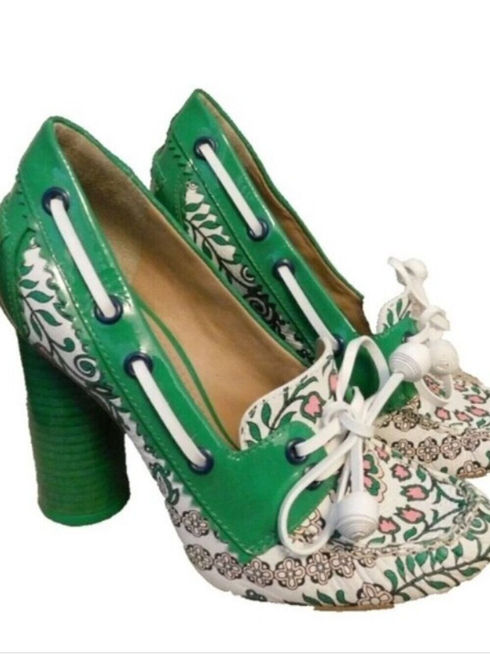 Tory Burch Loafer Block Heel Pumps Green Floral Heels Size 6.5